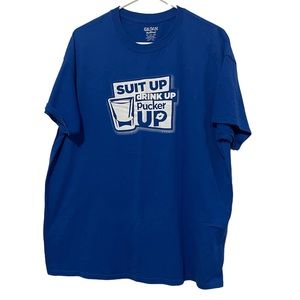 Gildan Men Shirt‎ Blue XL Cotton Polyester Dry Blend Suit Up Drink Up Pucker Up
